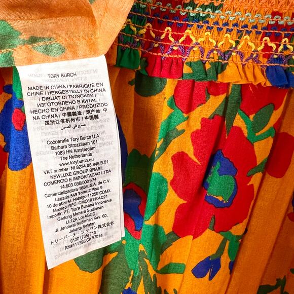TORY BURCH NEW $448 Smocked Orange Green & Red Ruffle Floral Print Dress - Large - Picture 12 of 16